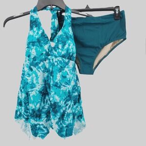 Kim‎ Gravel x Swimsuits For All Tankini Swimsuit Set Teal Tie Dye Size 10
